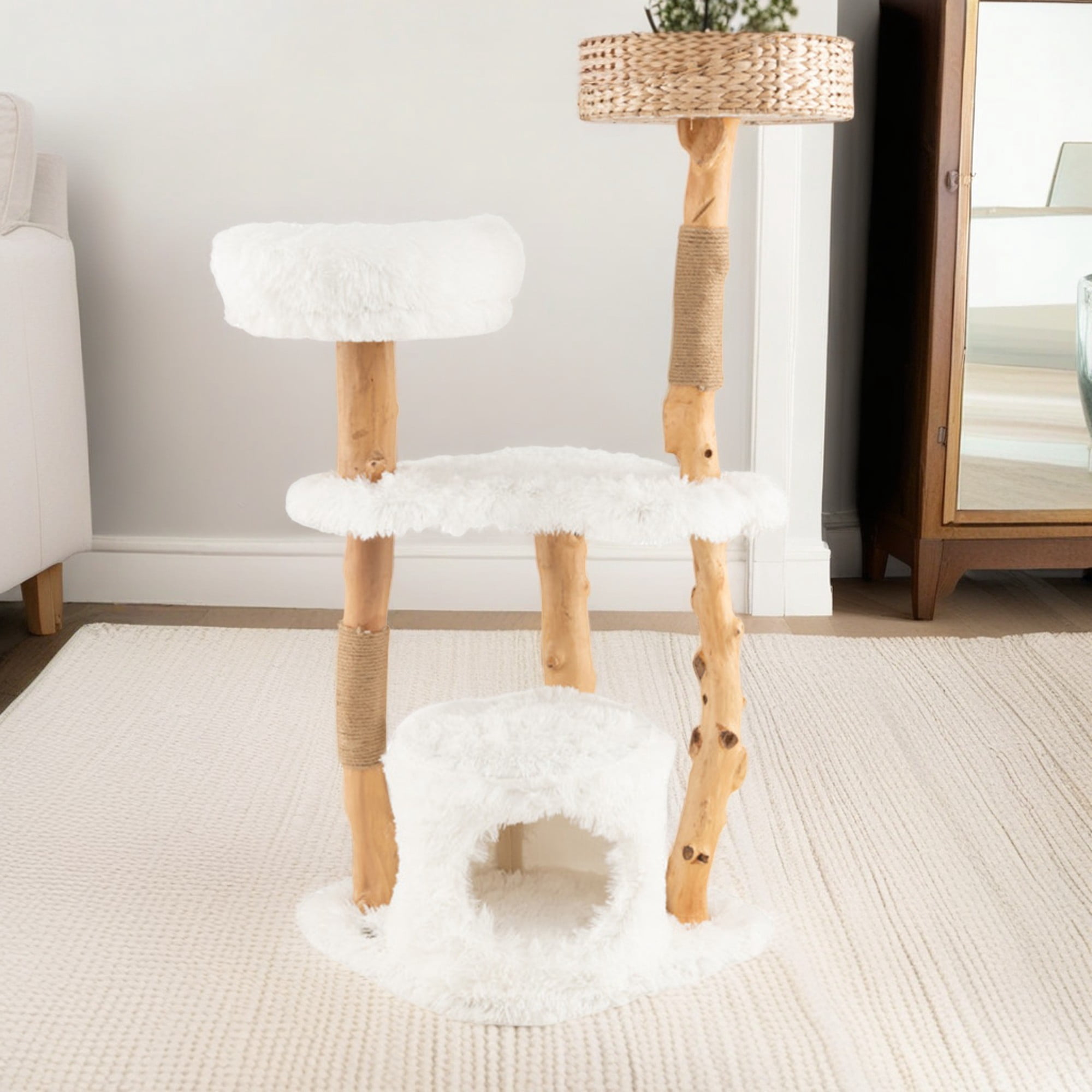 Pefilos 49" Modern Cat Tree Tower for Indoor Cats with Perch, Cat Condo, Solid Wood Cat Tree House with Scratching Posts for Large Cats, White