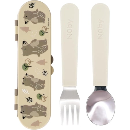 Nuby Stainless Toddler Fork & Spoon with Travel Case, Bears