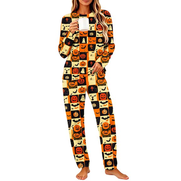 Women's Halloween Pajama Set Long Sleeve Pullover Top and Pants Pumpkin Ghost Print 2-Piece Sleepwear