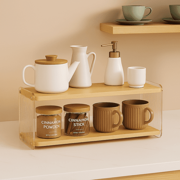 2-Tier Matcha Coffee Station Organizer – Wooden & Acrylic Countertop Shelf for Kitchen, Coffee Bar Accessories, Tea Stand, Cup Holder, Syrup & Condiment Storage Rack, Matcha Display