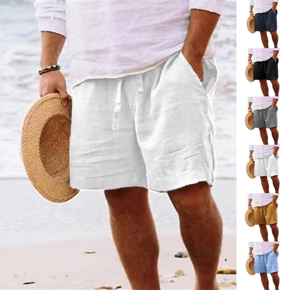 Men's Big & Tall Casual Drawstring Cotton Linen Shorts with Pockets - Regular Fit Stretch Work & Beach Shorts White L