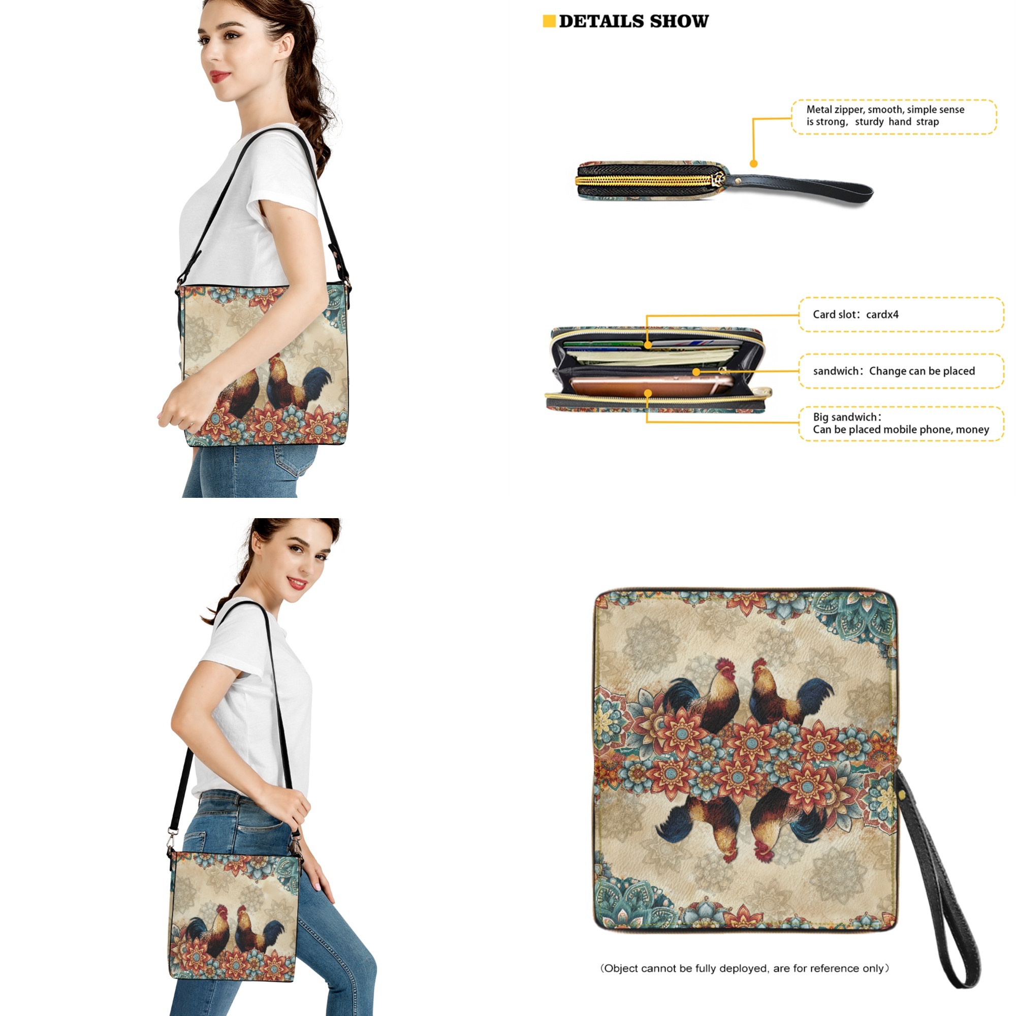 ZUXONGSY Boho Mandala Rooster Print Crossbody Handbag with Leather Wallet for Women Casual Leather Crossbody Handbag with Wrist Wallet Trendy 2 Pcs Bucket Purse Set for Workout