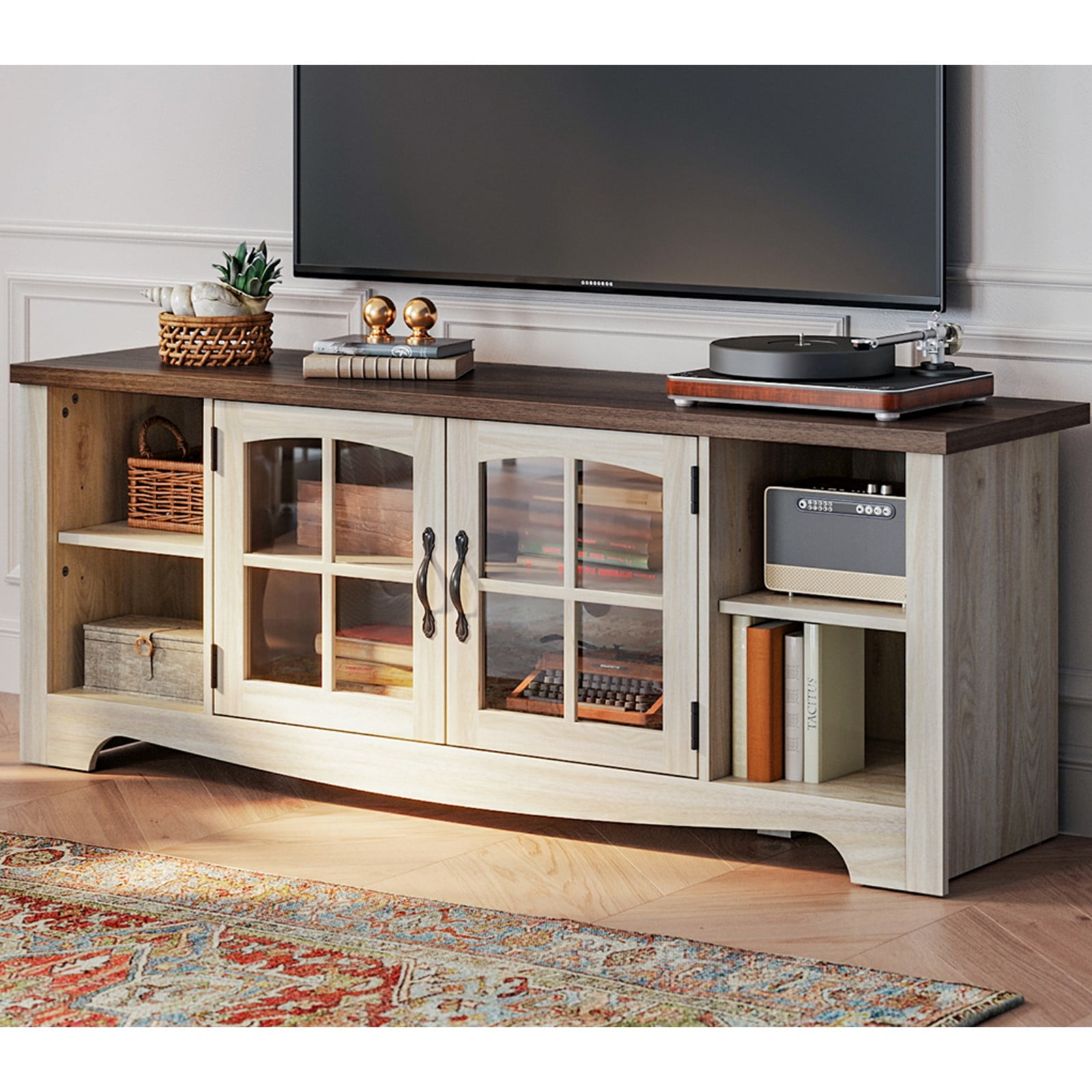 LINSY HOME Modern Farmhouse TV Stand for TVs up to 65",Home Entertainment Center with Storage Cabinet and Adjustable Shelves,Washed Grey & Brown