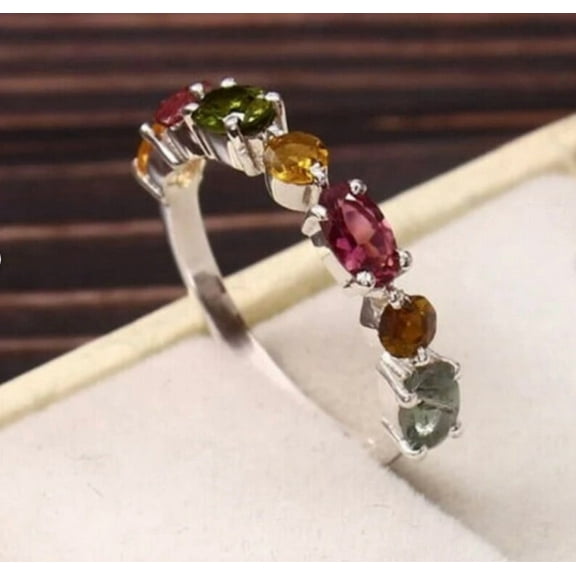 Natural Multi Tourmaline Gemstone Wedding Band 925 Sterling Silver Half Eternity Band, Matching Band Elegant Ring Anniversary Gift For Wife