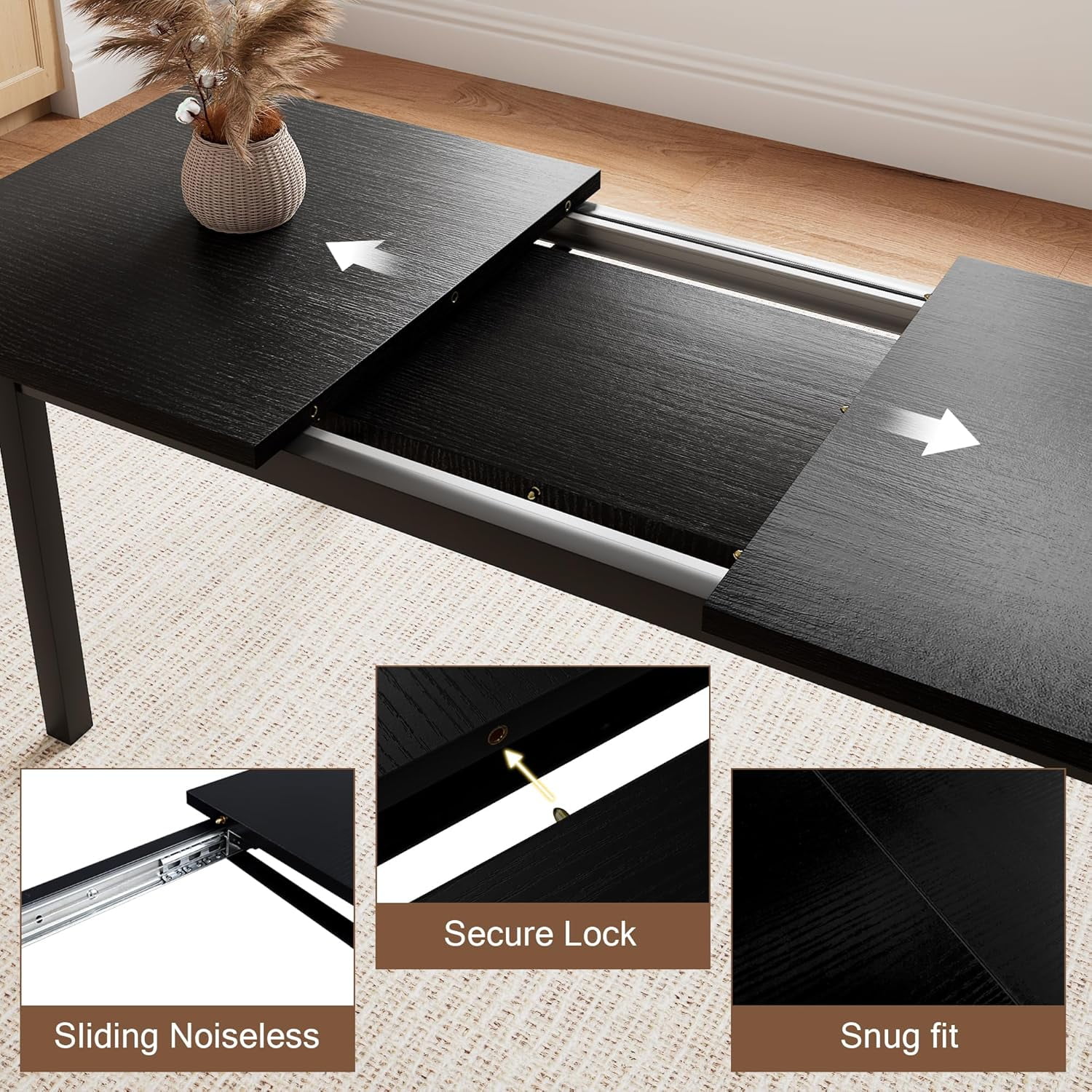 Honfach 5 Piece Dining Table Set for 4-8 People, 63" Large Extendable Kitchen Table Set with 2 Benches and 2 Square Stools, Black