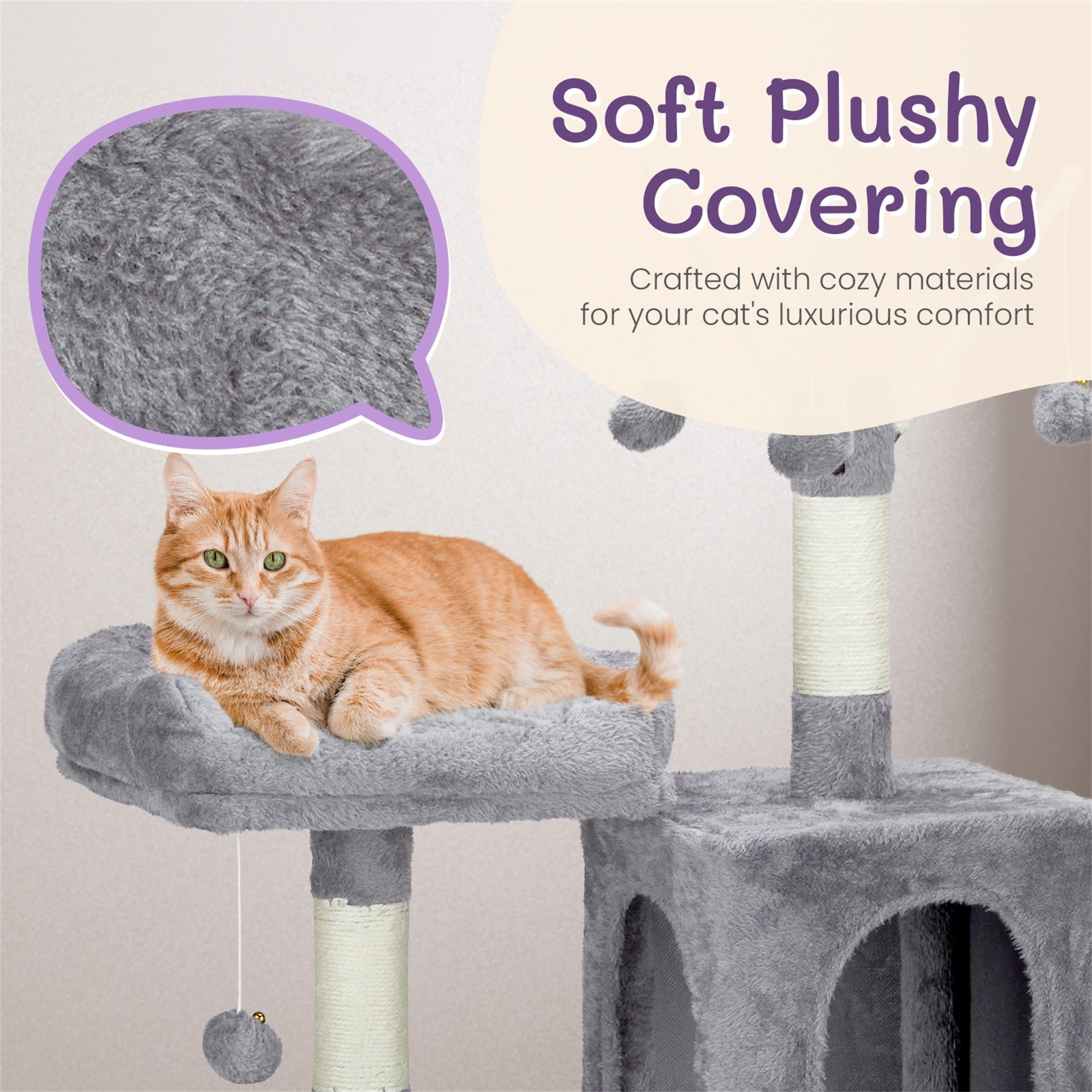 Kadyn 58" Cat Tree Tower for Indoor Cats, Cat House with Padded Platform Bed, Toy Balls, Large Cozy Condo, Hammocks and Sisal Scratching Posts, Light Gray