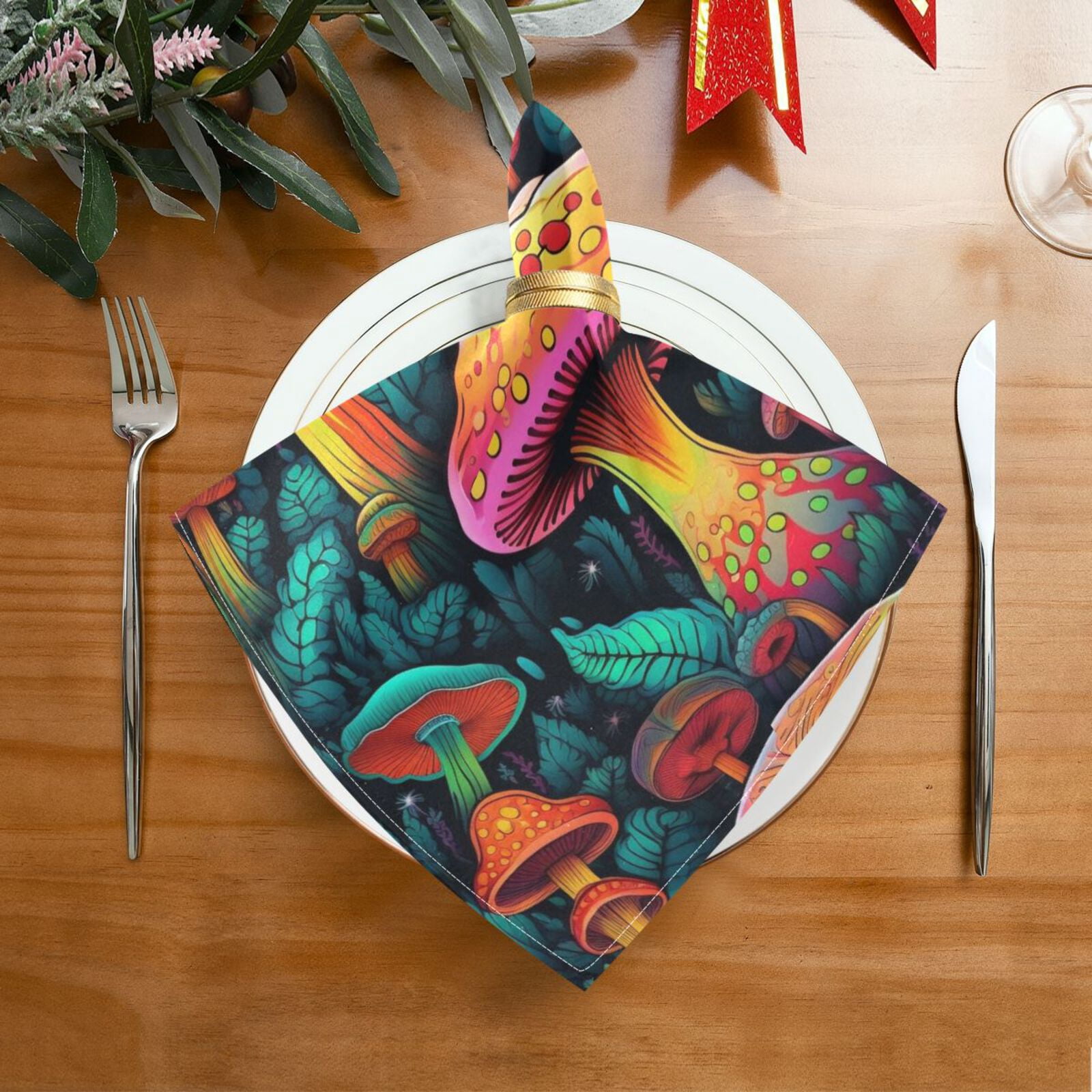 JSTEL Neon Mushroom Cloth Napkins Set of 6, 20x20 Inch Washable and Reusable Napkin for Decoupage Dinner Party Everyday Use