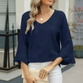 thumbnail image 5 of Royisotas Casual Women's Tops 3/4 Sleeve Fall Solid Color Navy Womens Blouse Flare Sleeve V-Neck Hollow Loose Fit T Shirts, 5 of 8