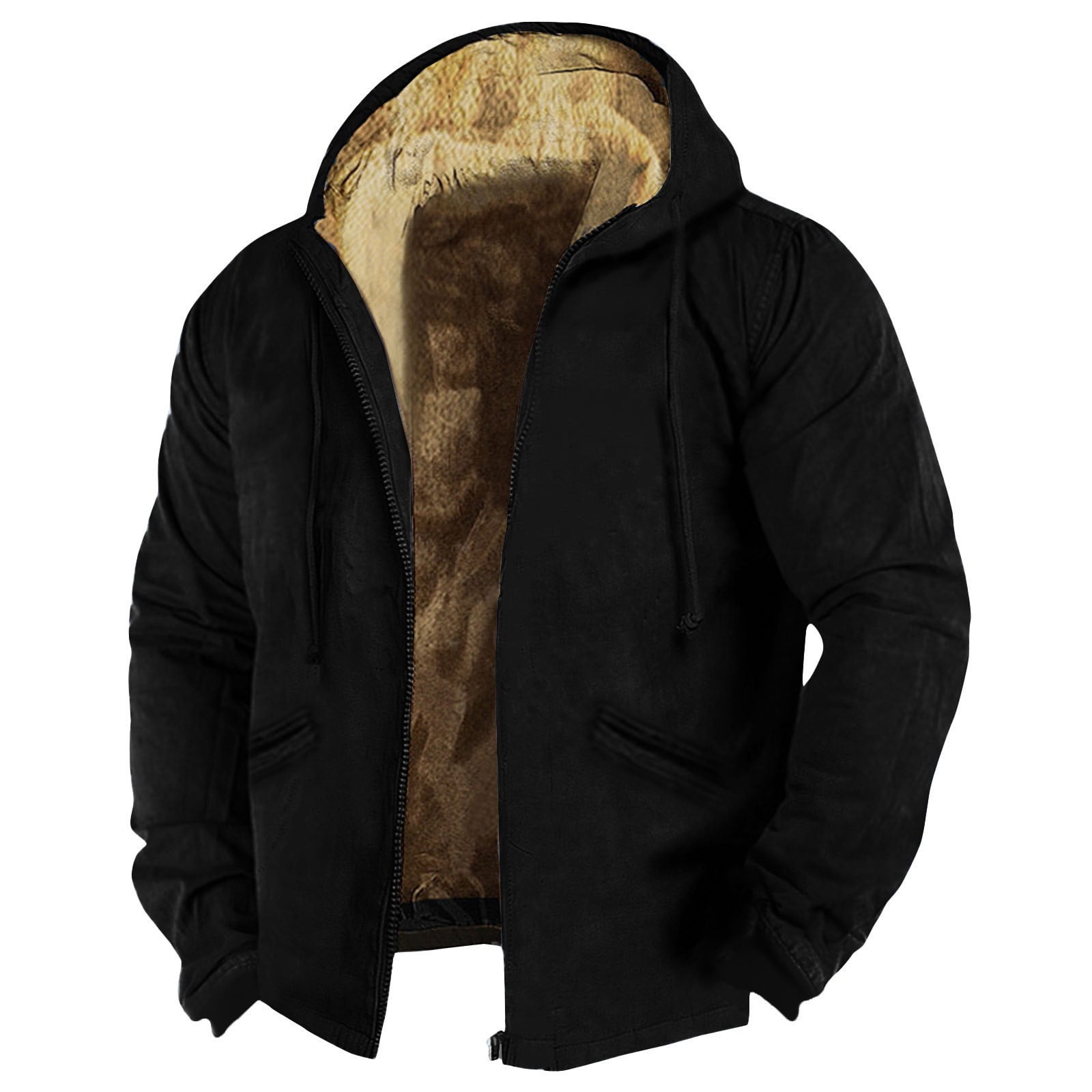 Nokdvo Men's Jacket Winter Sherpa Zipper Hoodie Big and Tall Fleece Jacket Warm Long Sleeve Drastring Coats with Hood Black 5XL
