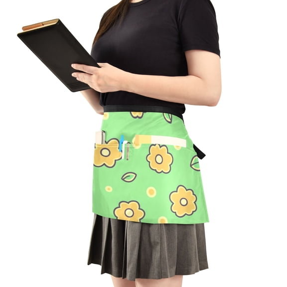 Cute Yellow Floral Server Apron with 3 Pockets Waist Apron for Waiter Waitress