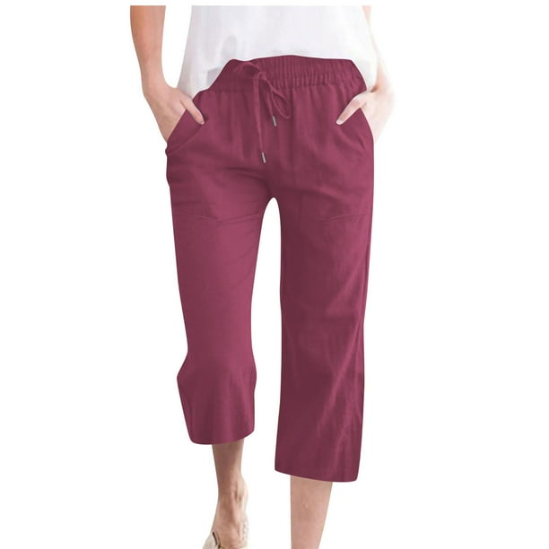 Pantalones Sueltos Capri para las Mujeres Casual Color Sólido Elástico Suelto Capris con Bolsillo, Pantalones de Poliéster Spandex, Lavado a Mano Casa Al Aire Libre