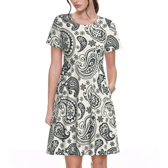 Spring Summer Dresses for Women 2025 - Black White Floral Paisley Wedding Guest Dresses, Beach Vacation Clothes, Hawaiian Sundresses Casual Short Sleeve Dress for Women with Pockets
