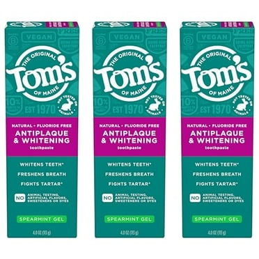 Tom's of Maine Antiplaque and Whitening Fluoride Free Natural Toothpaste Gel, Vegan, Spearmint, 4 Ounces (3 Pack)
