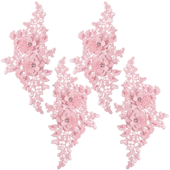 2 Pair Pink Floral Embroidery Applique Beaded Flower Rhinestone Appliques 3D Polyester Lace Pearl Crystal Sew on Patches for Sewing Making Clothes Wedding Gowns Costumes Accessories Supply