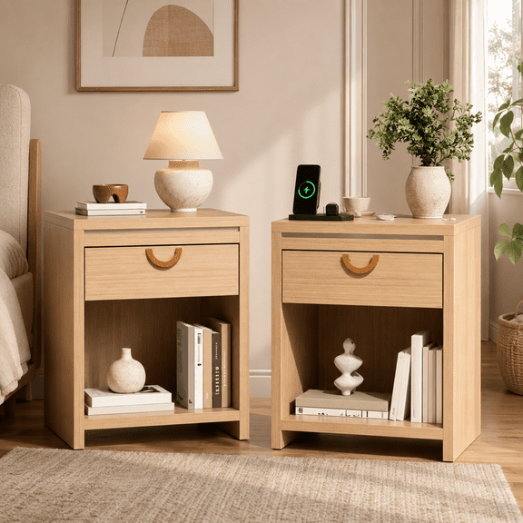 Modern Night Stand Set of 2, 25" Tall Nightstands with Drawer, Open Storage Shelf and U-Shaped Gold Handles, Accent End Table for Bedroom Living Room
