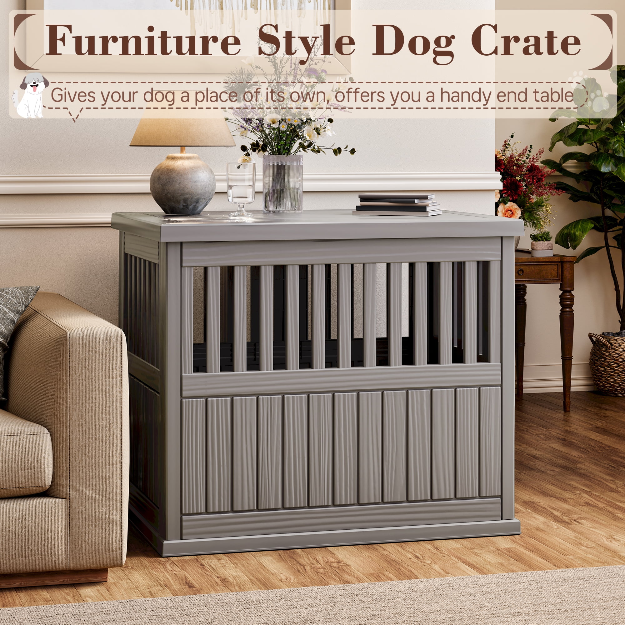 Bifanuo Dog Crate Furniture End Table, Decorative Plastic Kennel with Locking Latch for Medium to Large Breeds, Indoor, Gray