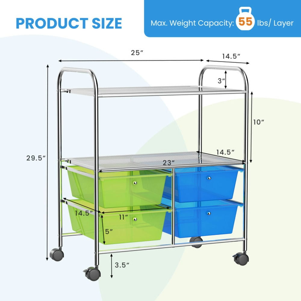 Canddidliike 4 Drawers Rolling Storage Cart, Craft Organizers and Storage, Multipurpose Organizer Cart for Home, Office, School, Blue & Green