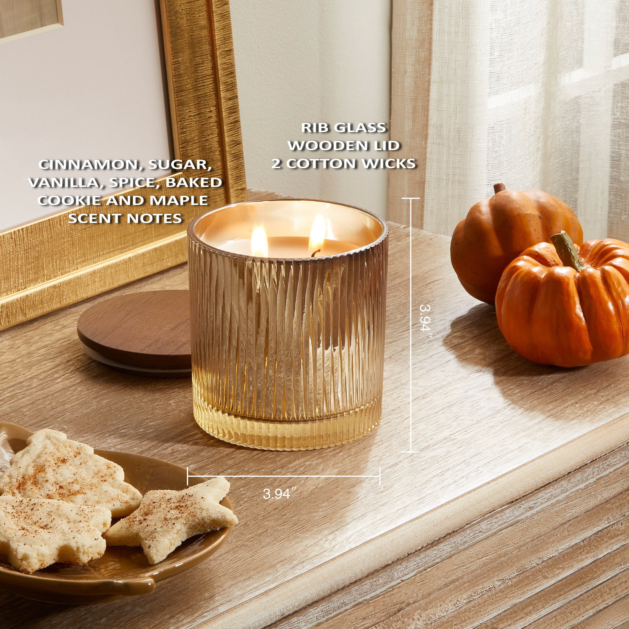Better Homes & Gardens Pumpkin Snickerdoodle Swirl Scented Cotton 2-Wicks Ribbed Mecury Glass Jar Candle with Wooden Lid 12oz
