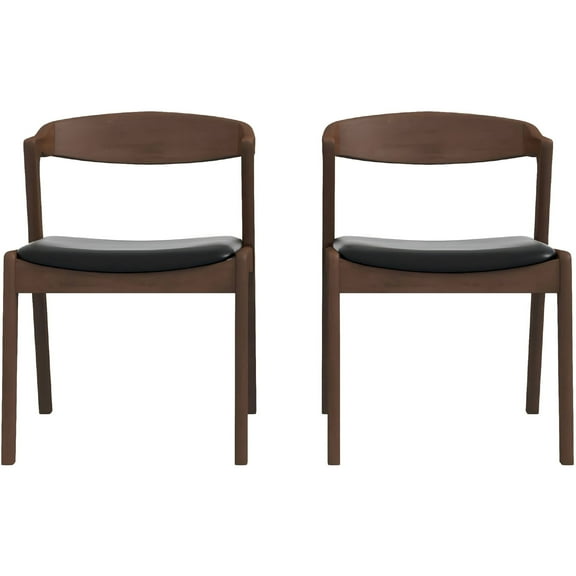 Solid Wood Black Leather Dining Chairs Set of 2 - Mid Century Modern Upholstered Arm Chairs for Dining Room