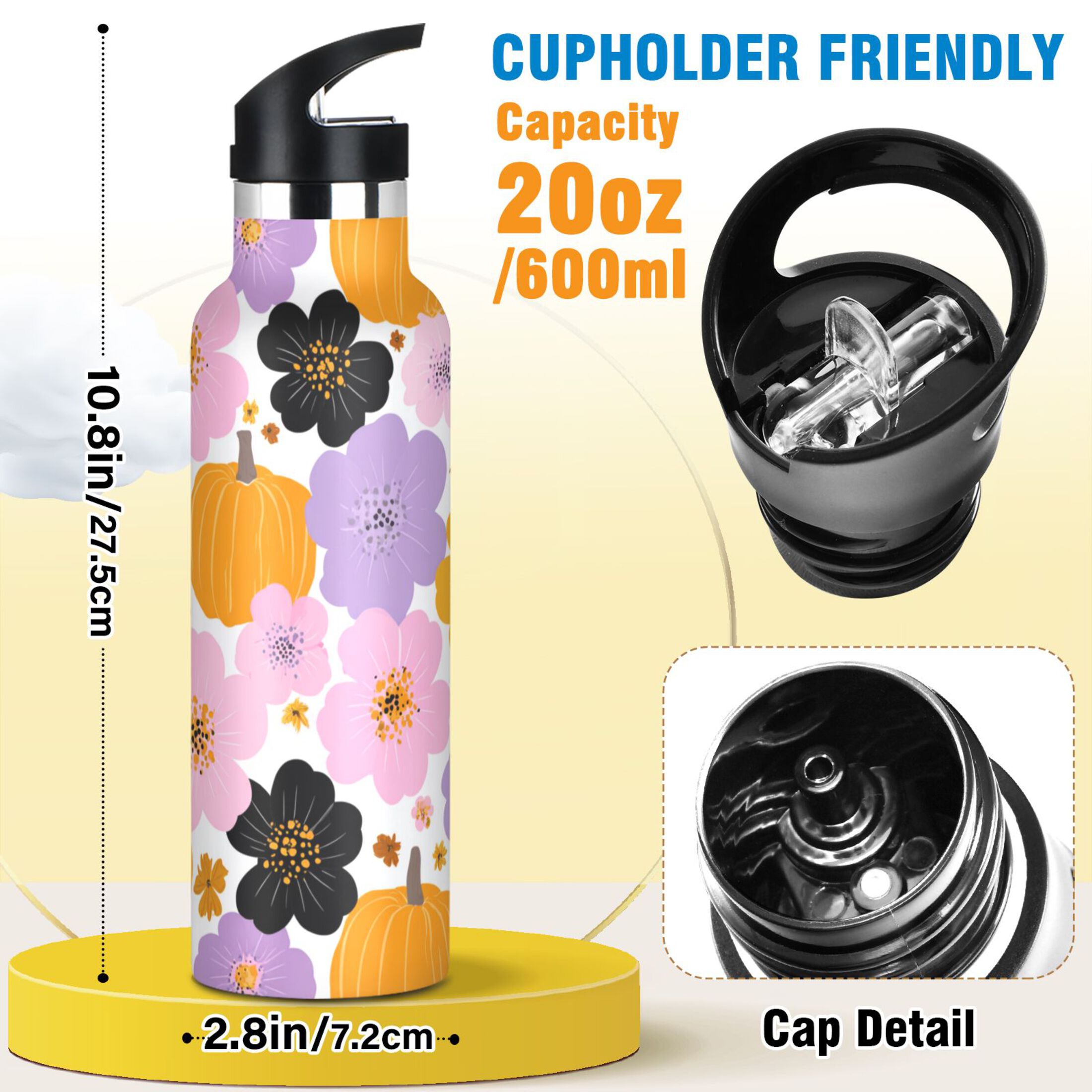 Kids Insulated Stainless Steel Sports Water Bottle 600ml (20oz) Cute Flowers and Pumpkins