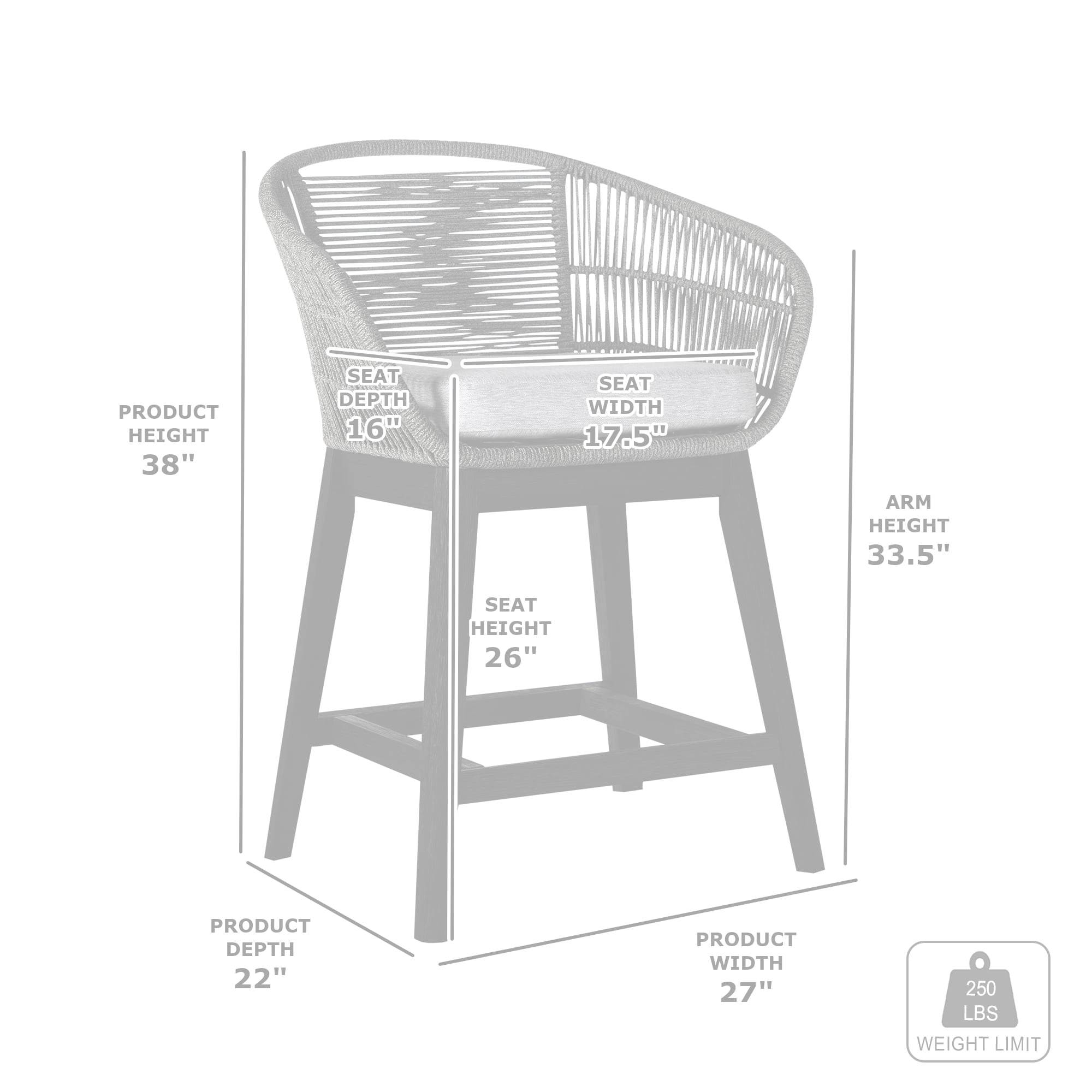 Tutti Frutti Indoor Outdoor Counter Height Bar Stool in Black Brushed Eucalyptus Wood with Gray Rope - Set of 2