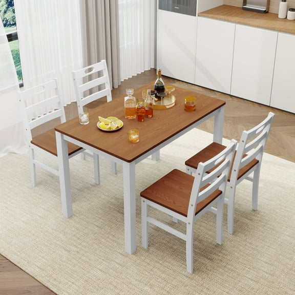 Alpha Joy Farmhouse Dining Table Set for 4 Solid Wood Kitchen Chairs and Table Set, Walnut & White