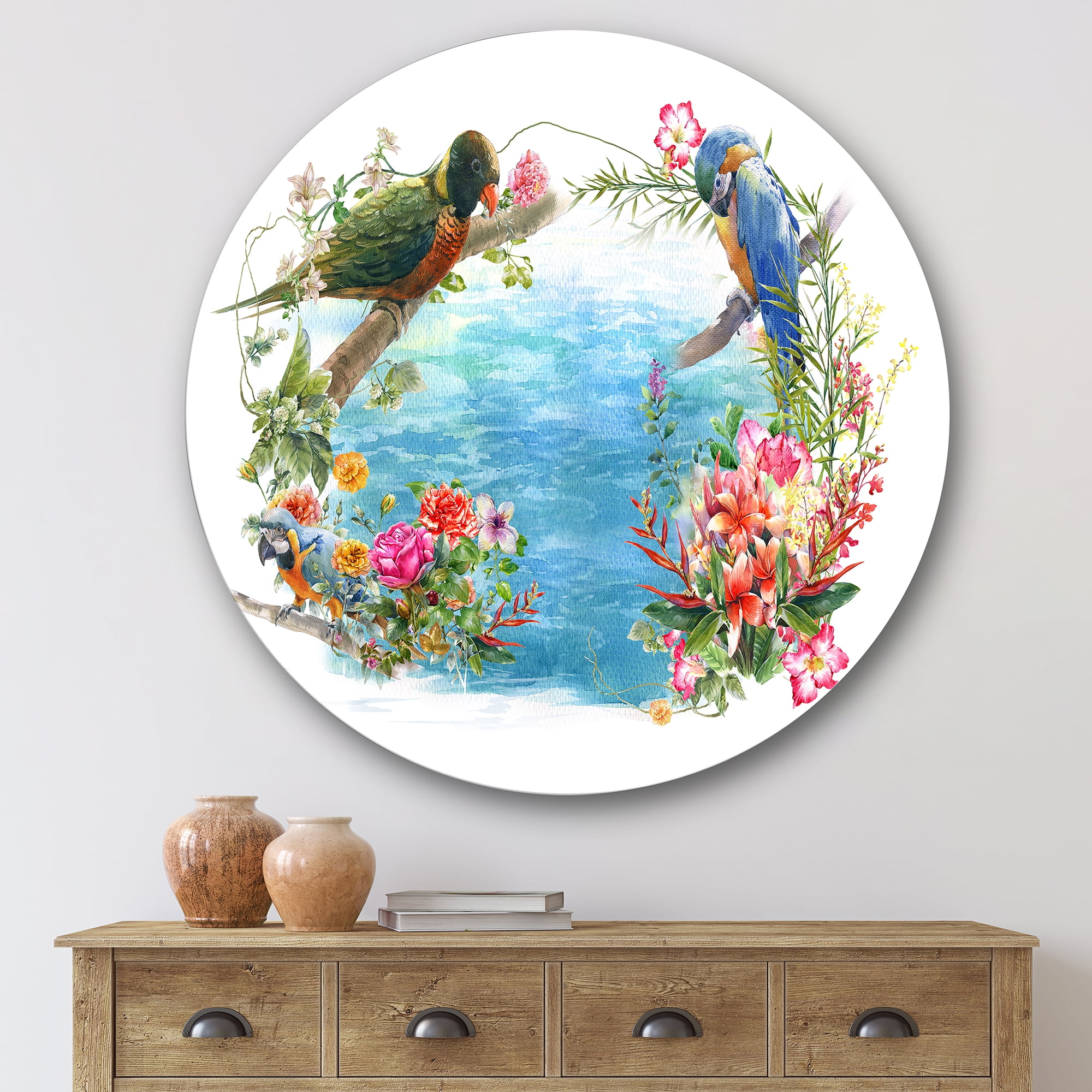 Designart 'Parrots and Flowers By The Blue Waterside' Traditional Circle Metal Wall Art 29x29 - Disc of 29
