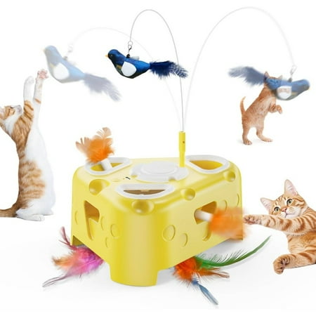 3in1 Interactive Cat Toy for Indoor Cats, Automatic Kitten Toys, Flying Bird, 6 Holes Mole, Rotating Feather, USB Rechargeable Electronic Interactive Feather Toy for Bored Adult Kitten Cats