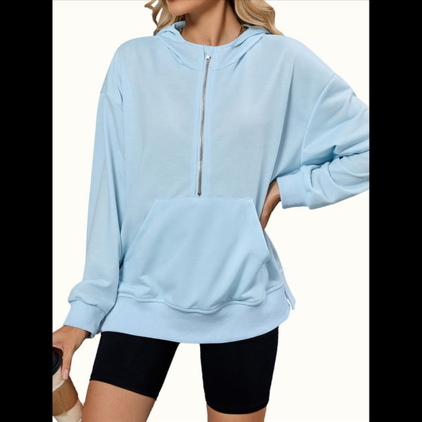 Sudadera de Algodón con Forro y Media Cremallera para Mujer, Cálida, de Invierno, con Bolsillo para el Pulgar Azul XXL