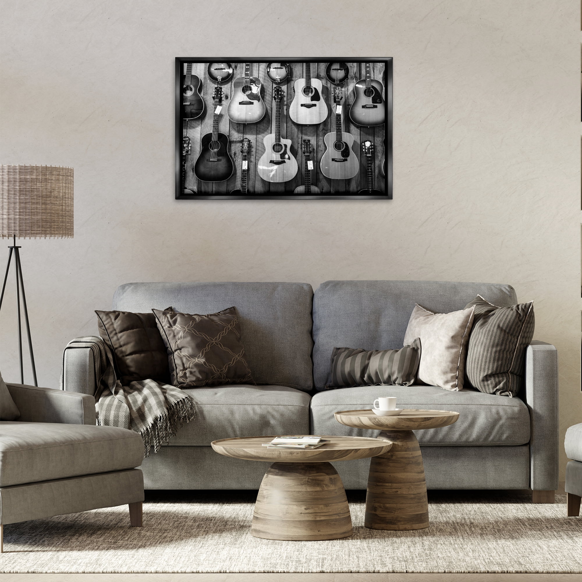 Stupell Industries Acoustic Guitars Hanging Entertainment Painting Black Floater Framed Canvas Art Print Wall Art, 31 x 21