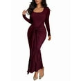 thumbnail image 3 of Women Bodycon Maxi Dress Ruched Long Sleeve Long Dress Cocktail Party Dresses Wine Red M, 3 of 8