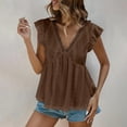 thumbnail image 2 of Cute Summer Tank Tops Womens V Neck Lace Trim Sleeveless Ruffled Babydoll Blouse Solid Color Beach Vacation Outfits (S, Coffee), 2 of 8
