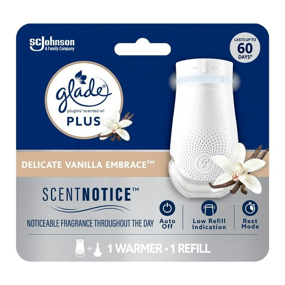 Glade Plugins® Plus Air Freshener Oil, Delicate Vanilla Embrace, 1 Warmer 1 Refill