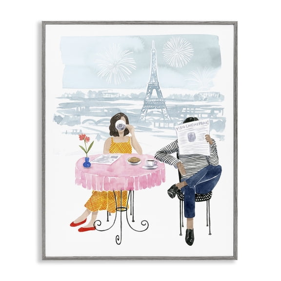 Stupell Industries Modern Paris Coffee Caf� Pink Blue Watercolor Gray Framed Giclee Art, 16 x 20, by Grace Popp