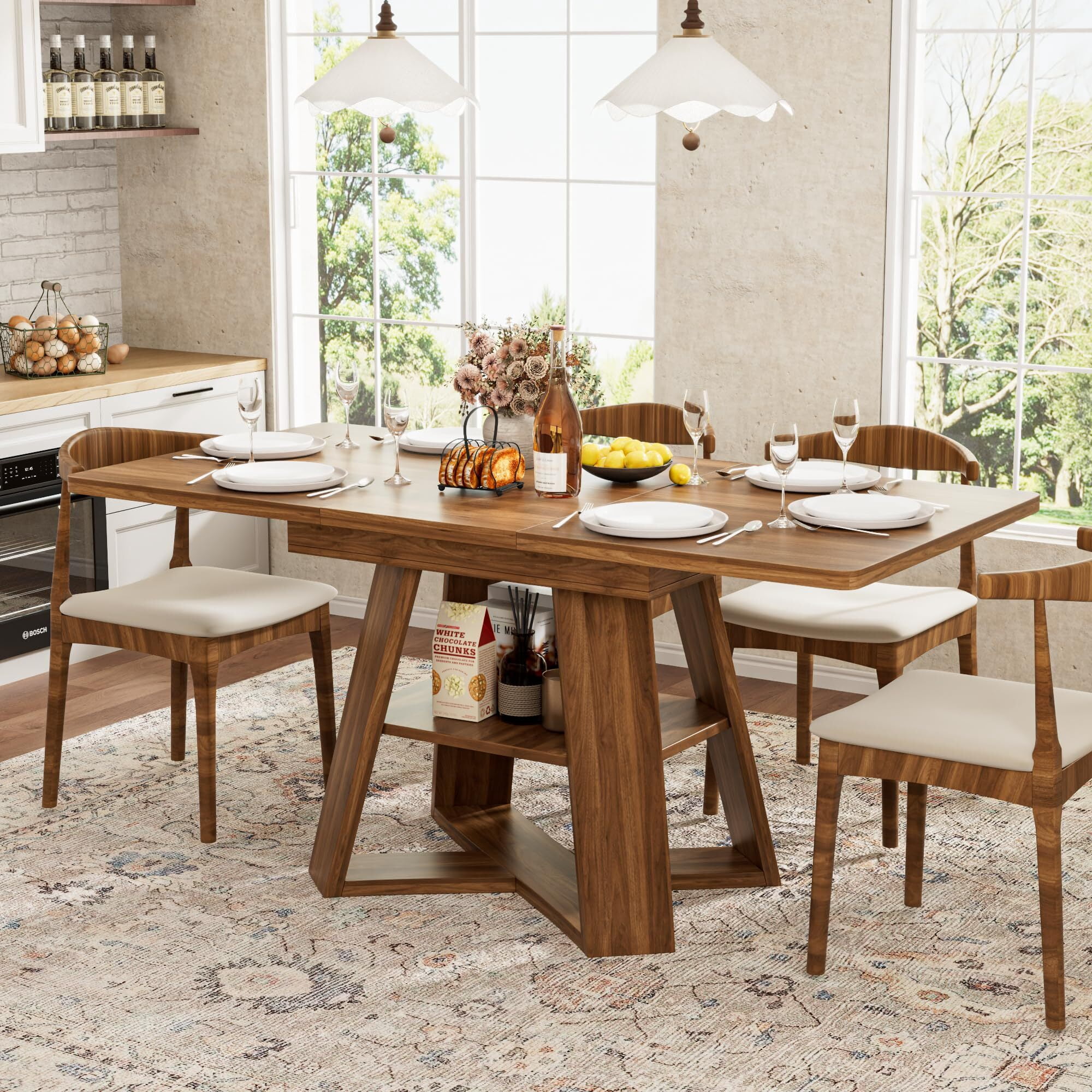 Extendable Dining Table 47.24''-66.92'', Seats 4-6, Rectangle Kitchen Table with Removable Leaves, Storage Shelf, Walnut