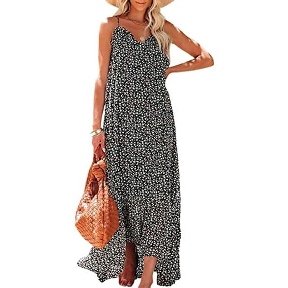 Seyurigaoka Women's Summer Casual Beach Dress, Spaghetti Strap Sleeveless Ruffled Low Cut Dress