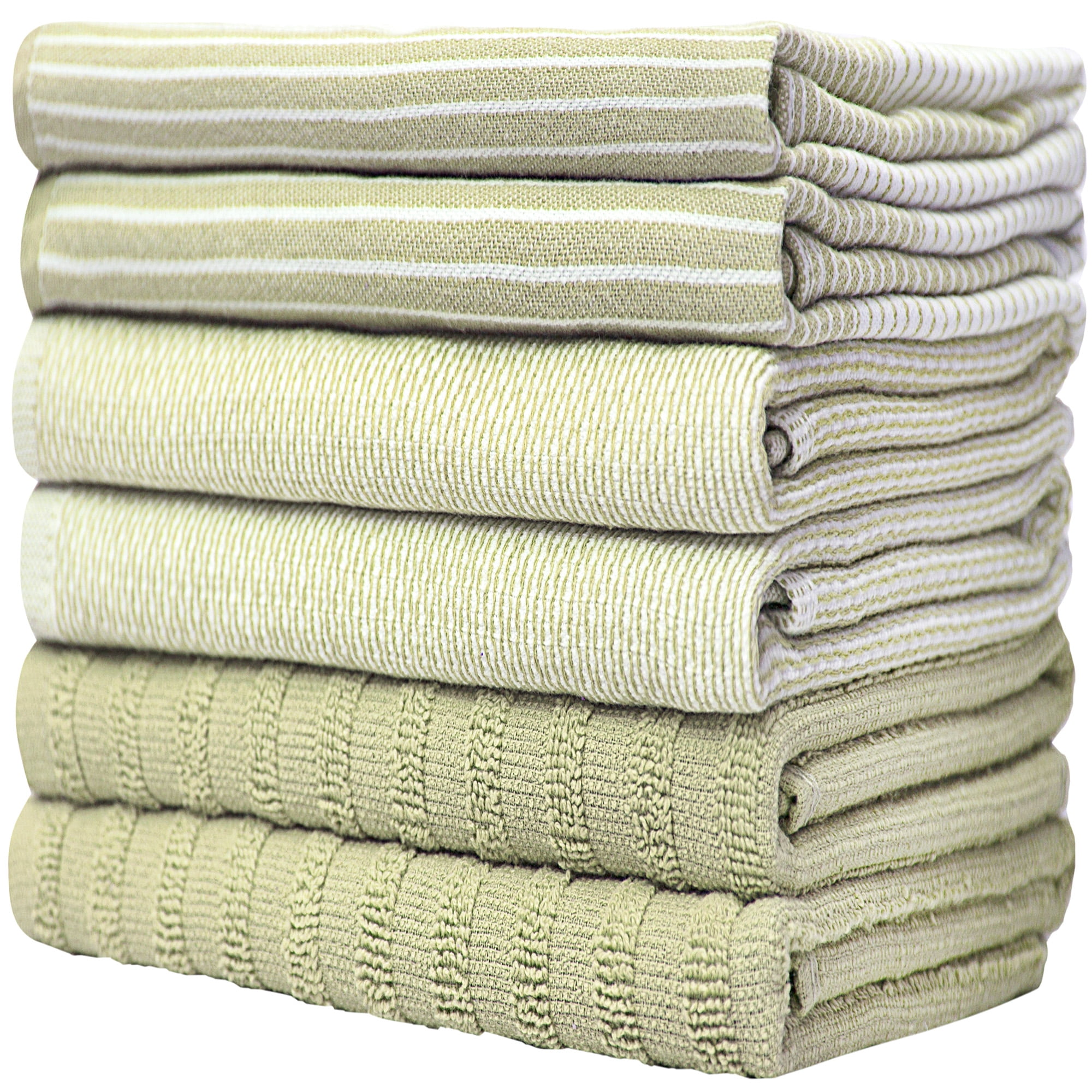 HONEST WEAVE GOTS Certified Organic Cotton Kitchen Hand and Dish Towel Sets  - Oversized 20x30 inches, Fully Hemmed, in Designer Colors, 6-Pack, Sage