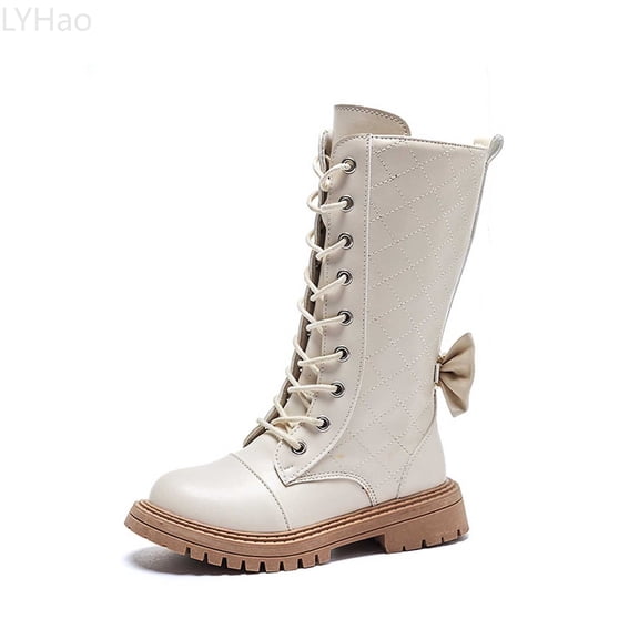 LYHao Soft Sole High Top Boots For Girls With Style Ribbon Detail Long Leather Boots ,Girls Boots Sizes 10.5 Beige(4-4.5 Years)