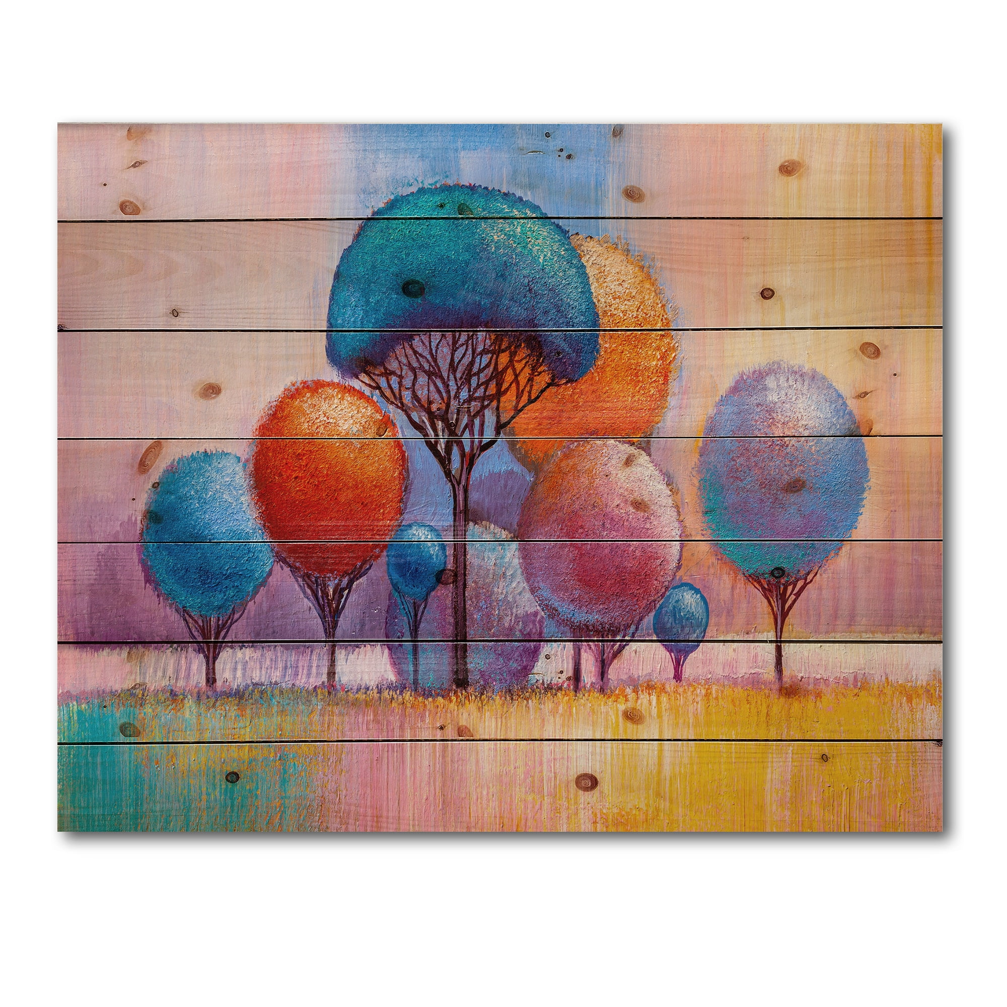 Designart 'Autumn Colorful Fantasy Trees II' Modern Print on Natural Pine Wood