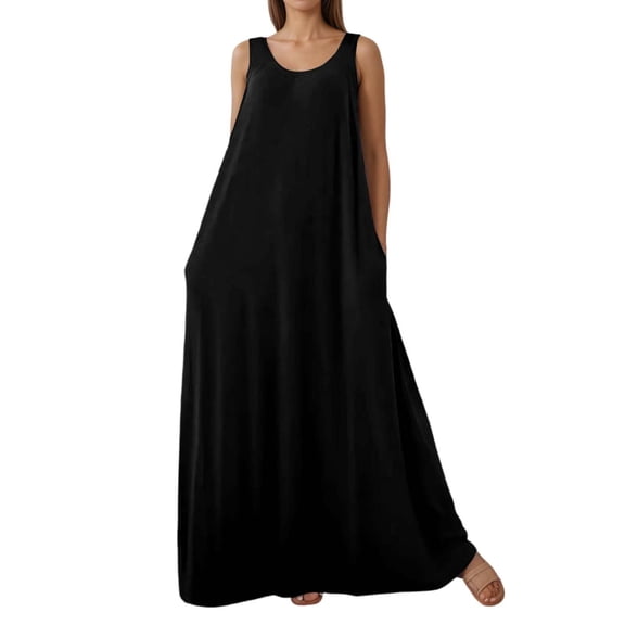 Maxi Dress for Women Sleeveless Solid Color Loose Fit Tank Dress with Pockets Black L