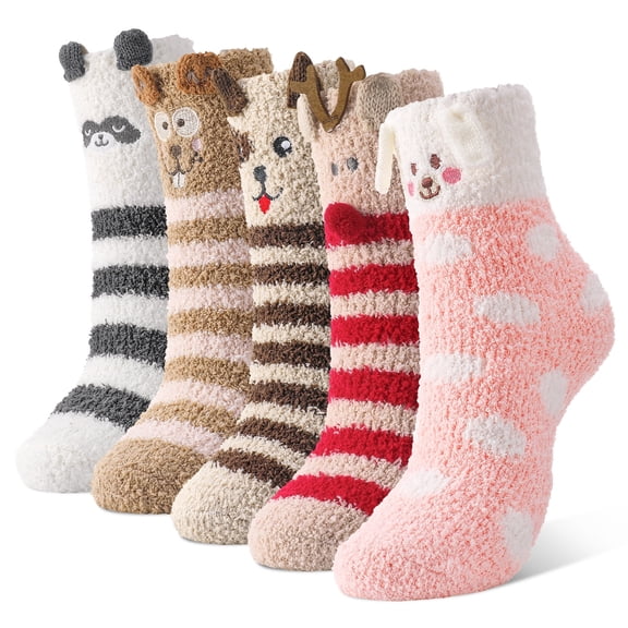 Bocaoying 5 Pairs Fuzzy Socks for Women, Funny Winter Warm Cute Fuzzy Socks, Soft Cozy  Animal Fluffy Slipper Socks Casual for Women Home Sleeping Birthday Christmas