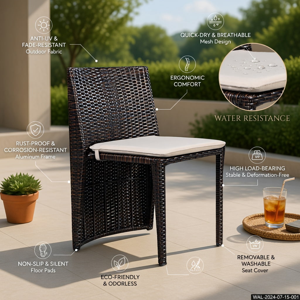 Hommoo 3-Piece Cushioned Wicker Bistro Set, PE Rattan Chairs & White Polyester Cushions, Patio, Porch, Poolside or Garden Furniture, Brown