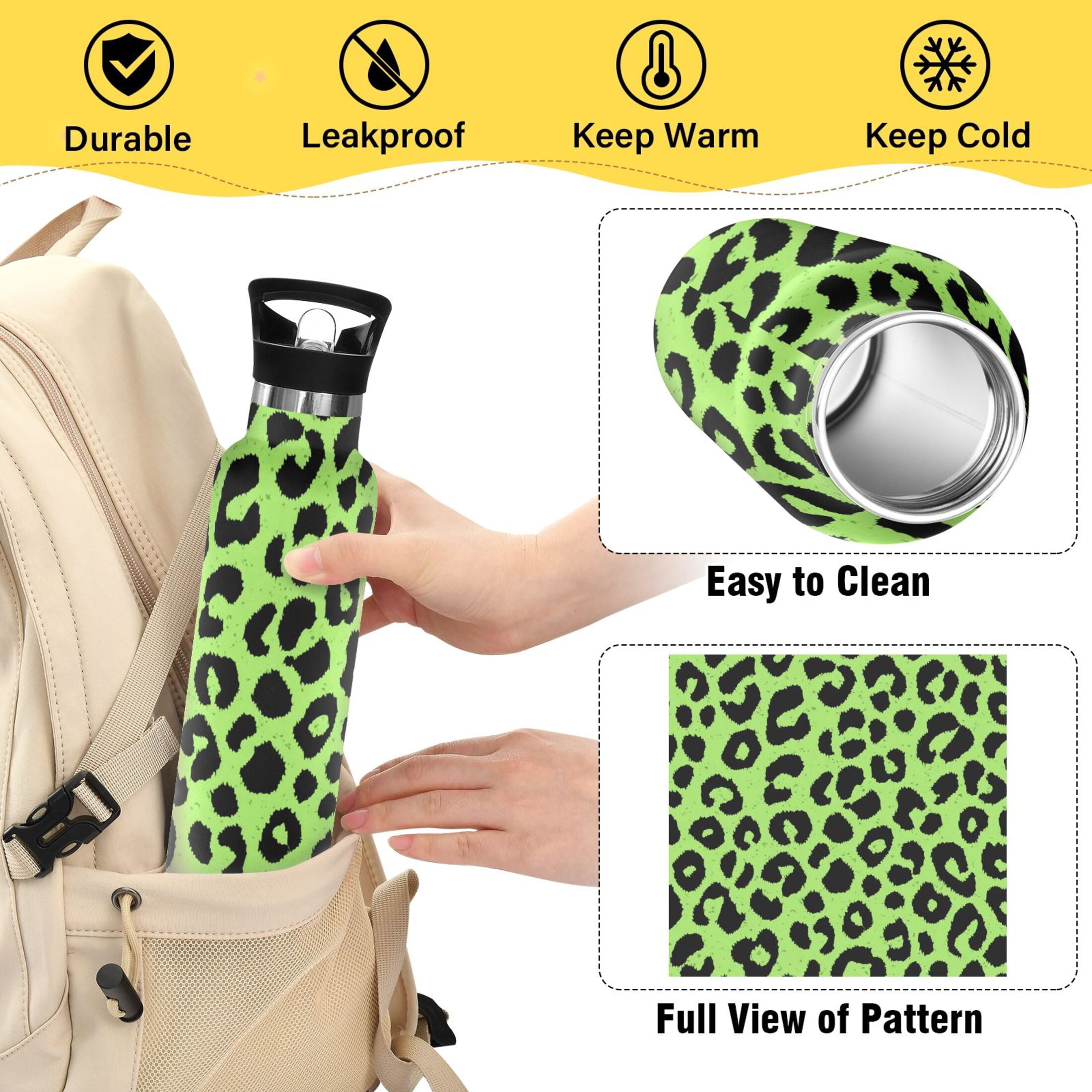 Kids Insulated Stainless Steel Sports Water Bottle 600ml Neon Green Leopard Print