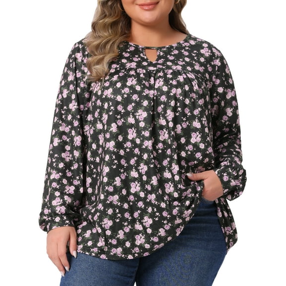 DARING DIVA Women's Plus V Neck Keyhole Pleated Floral Blouse 1X Black