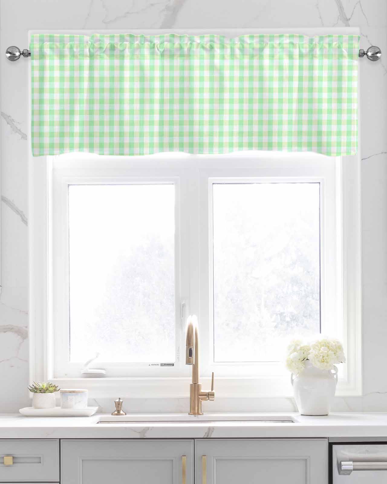 Green Grid Kitchen Valances for Windows Farmhouse Linen Window Valance Curtain for Living Room Window Treatment Checkered Plaid Gingham Lattice Trellis Print Valance Rod Pocket Topper, 60 x 18 Inch