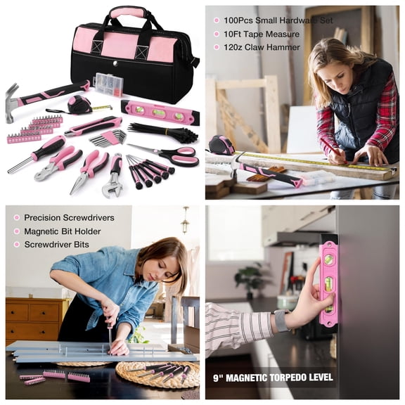 Pink Tool Kit, 263-Piece Home Repairing Tool Set with Wide Mouth Open Storage Bag, Household Tool Kit - Pink Ribbon