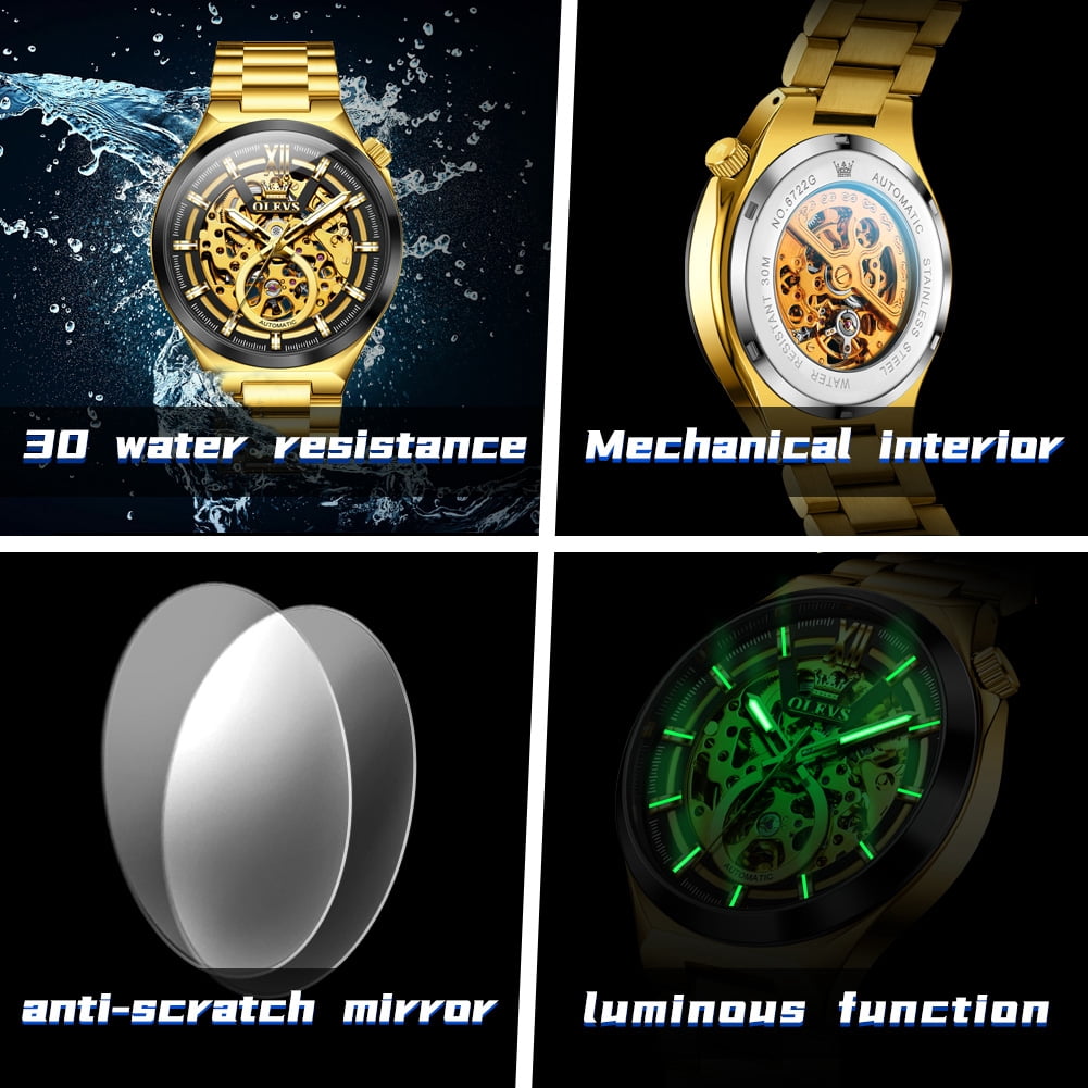 OLEVS Skeleton Watches for Men Luxury Dress Automatic Self Winding Mechanical Gold Plated Stainless Steel Waterproof Luminous Business Men Wrist Watch Reloj Para Hombre