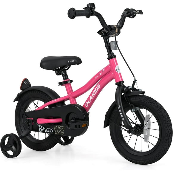 OLAKIDS Vélo pour Enfants, Vélo pour Tout-Petits de 12 14 16 18 Po avec Roues Stabilisatrices, Sonnette de Sécurité, Selle et Guidon Ajustables, Frein à Main et Frein à Rétropédalage, Bicyclette pour Garçons et Filles