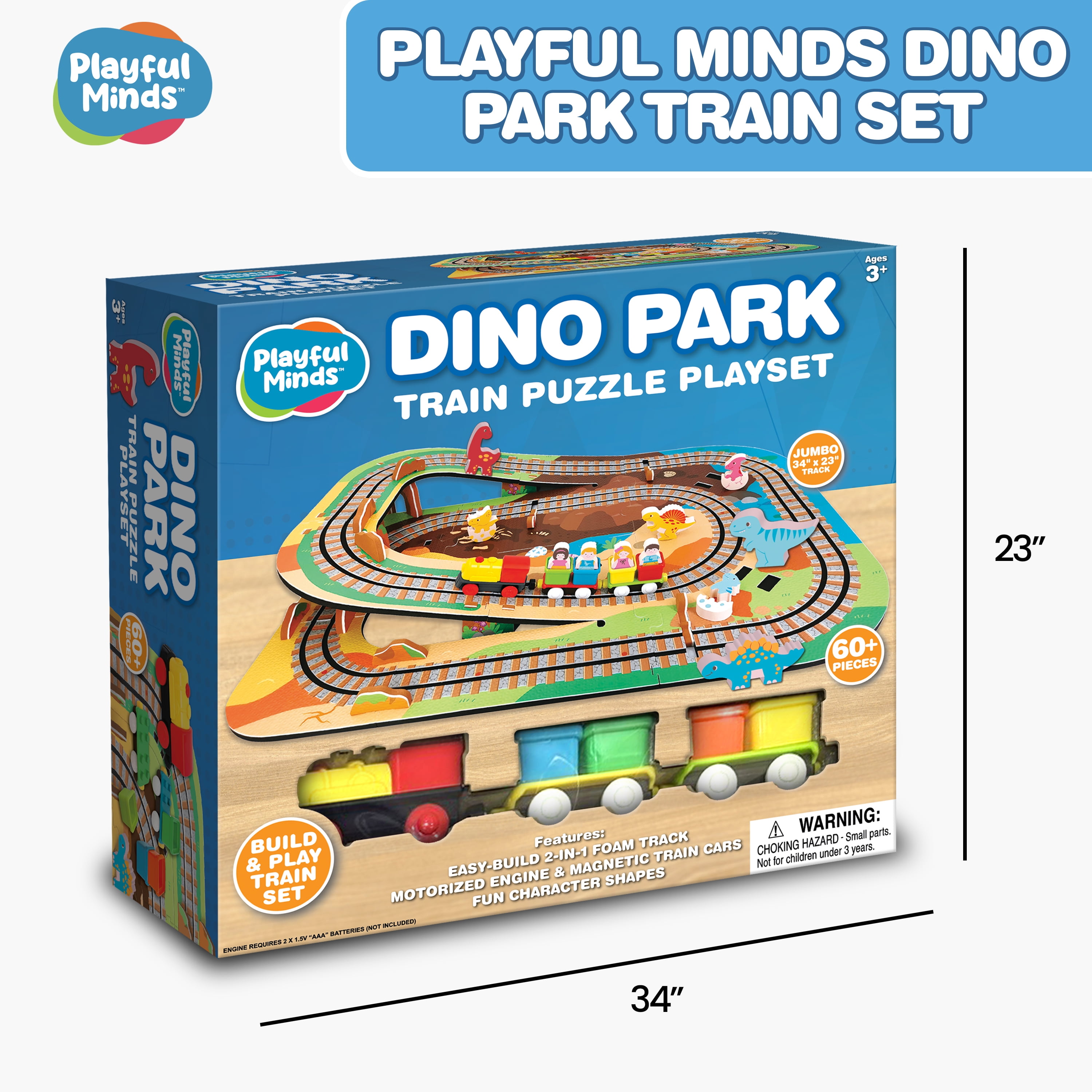 Playful Minds Dino Park Train Puzzle – 60 Pc Foam Track & Motorized Train Set for Kids 3-5