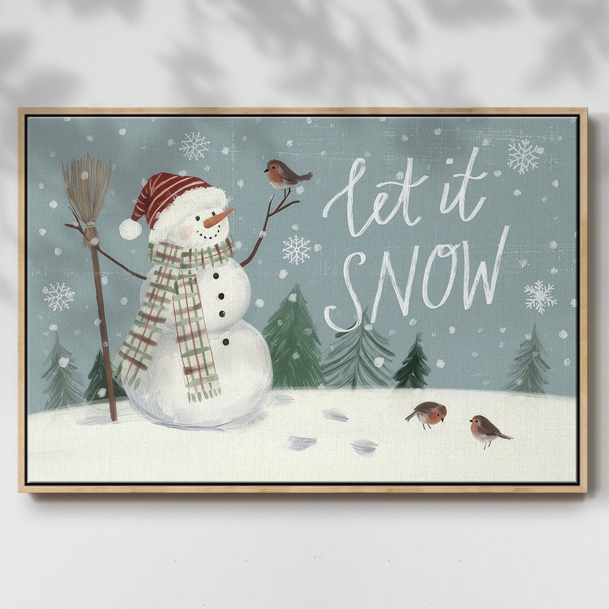 Jolly Snowman Collection A - Framed Gallery Wrapped Holiday Canvas - 27 x 41 - Natural Wood Frame